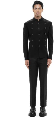 Mens Black Worsted Wool Metal Button Bandhgala Set