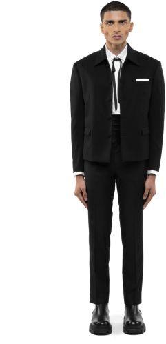 Mens Black Worsted Wool Open Jacket