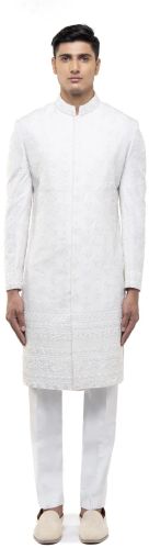Mens Ivory Silk Mughal Floral Embroidery Sherwani Set
