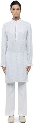 Mens Light Blue Georgette Lucknowi Embroidery Kurta Set