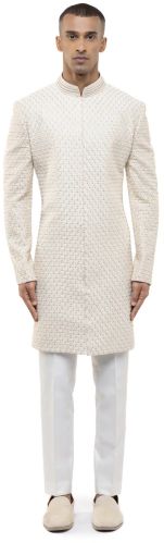 Mens Off-White Silk Beaded Embroidery Sherwani Set