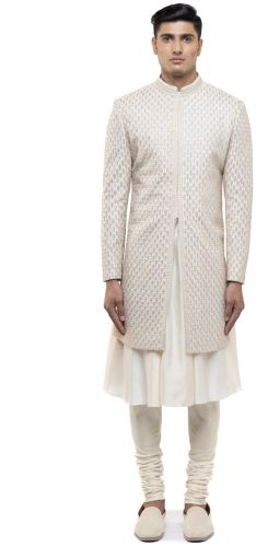 Mens off White Silk Stitch Line Embroidered Sherwani Kurta Set