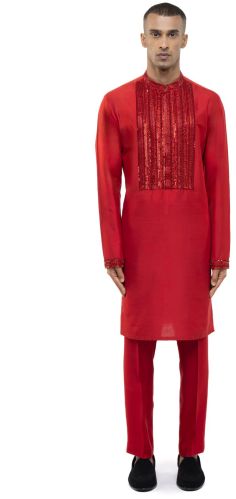 Mens Red Silk Geometric Lines Embellished Kurta Set