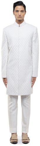 Mens White Silk Beaded Embroidery Sherwani Set