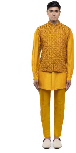 Mens Yellow Silk Mughal Motifs Kurta Bandi Set