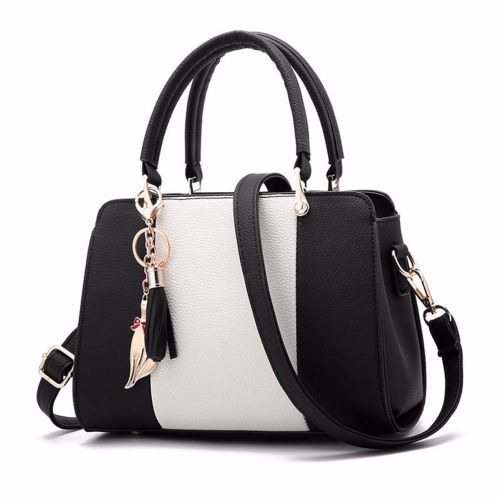 Textured Leather Shoulder Bag, Color : Black & White