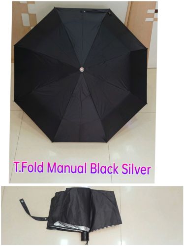 Polyurethane Plain Three Fold Manual Black Silver Umbrella