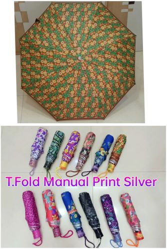 Polyurethane Three Fold Manual Print Silver Umbrella, Shape : Round