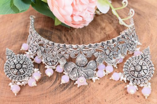 Pink Stone Drop Silver Necklace with Earrings