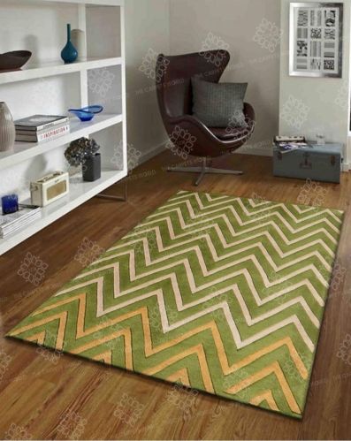 Smooth Wool Zig Zag Pattern Hand Tufted Carpets, Color : Gold, Green