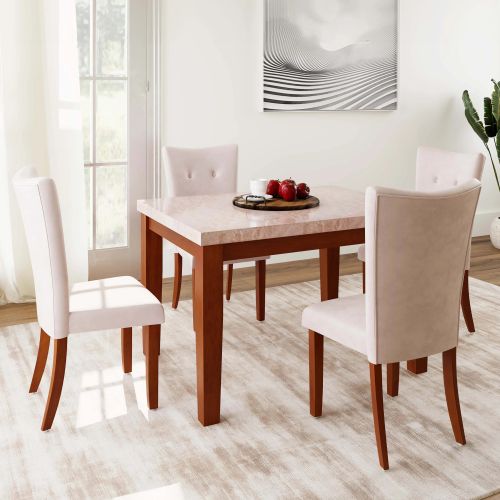 4-Seater Marble Top Dining Table With 4 Upholstery Chairs In Walnut Color