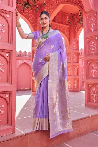 Ladies Cotton Linen Printed Purple Saree Festival Wear