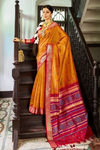 Ladies Designer Red And Yellow Printed Silk Saree