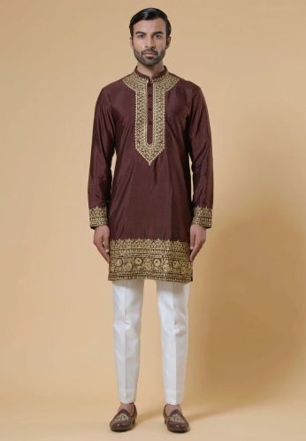 Chikankari Silk Brown Kurta Set For Men, Color : White
