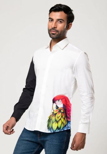 Cotton Premium Parrot Printed Shirt, Color : White, Black