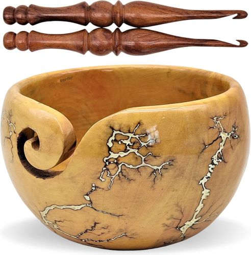 Handmade Wooden Knitting Yarn Bowl & Crochet Hooks Set