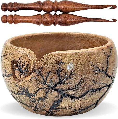 Wooden Knitting Yarn Bowl & Crochet Hooks Set