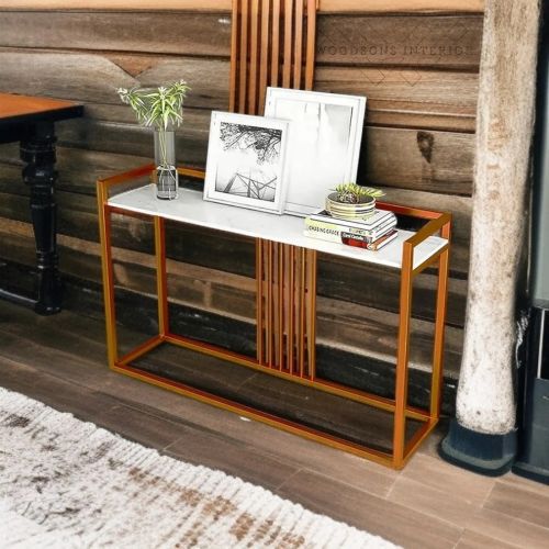 Metal Sleek Copper Rods Design Console Table, Color : White