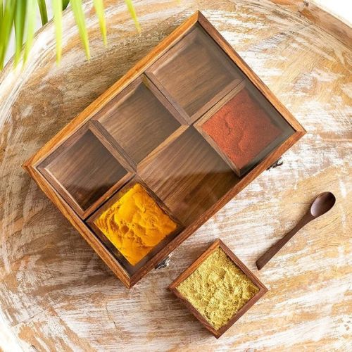Wooden Masala Box – 6 Jars for Storing Spices Stylishly