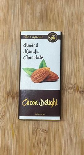 Cocoa Delight 100gm Almond Kunafa Chocolate Bar, Color : Dark Brown