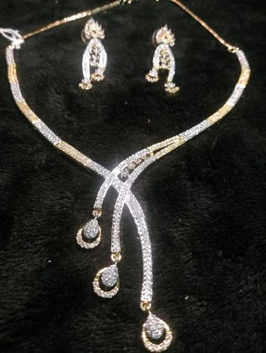 Dual Polished American Diamond Necklace Set, Color : Silver, Golden
