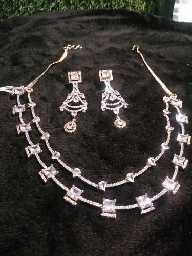 Golden Double Layer Solitaire Diamond Necklace Set