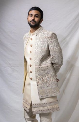 Premium Fabric Mens Ivory Embroidered Indo-Western Sherwani Set