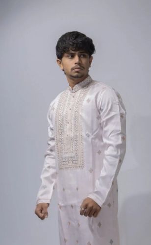 Lightweight Fabric Mens Ivory Pastel Embroidered Kurta