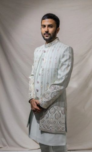 Mens Light Mint Embroidered Indo-Western Sherwani Set