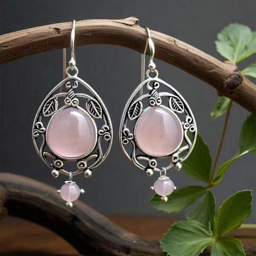 Minerva Pink Rose Quartz Drop & Dangle Leaf Earrings in Silver
