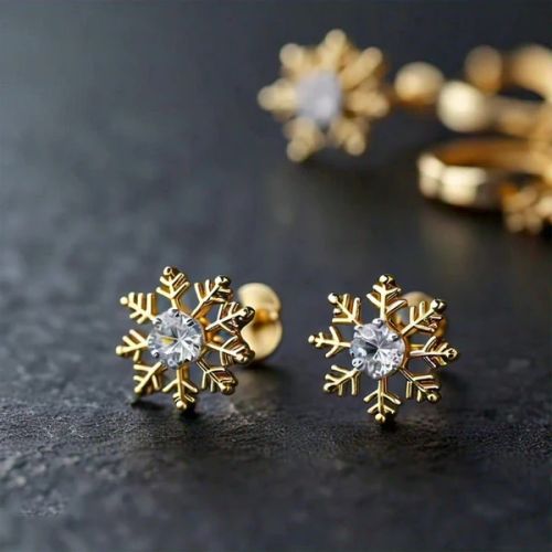 Women Ersa Christmas Gold Moissanite Stud Snowflake Earrings