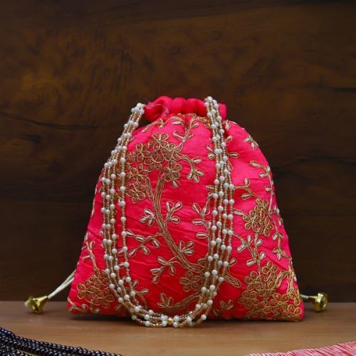 Women Pearl Handle Tassel Pink Potli Bag