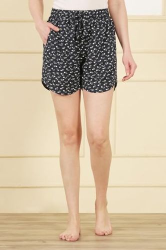 Ladies Black White Floral Print Rayon Regular Shorts