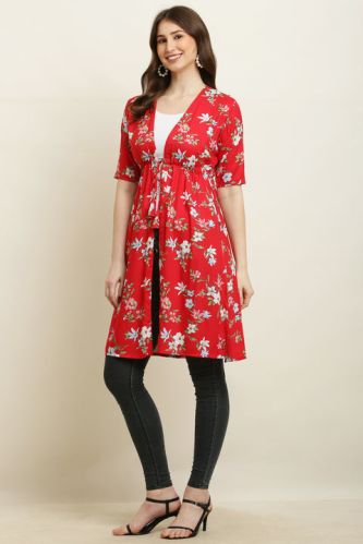Ladies Red Flower Print Stylish Rayon Long Shrug