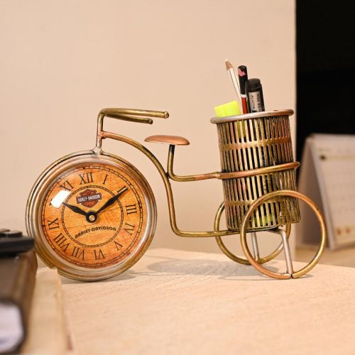 Cycle Pen Stand with Clock, Color : Golden, Stand Material : Metal