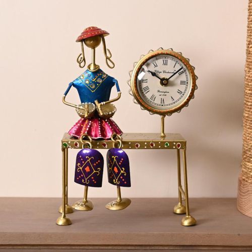 Printed Paint Coated Metal Doll With Clock Statue