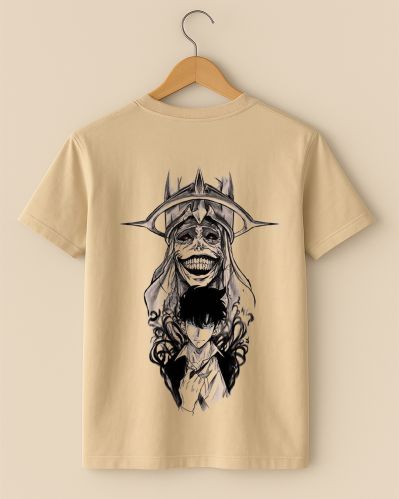 Anime Print Cotton Round Neck Unisex Beige Regular Fit T Shirt