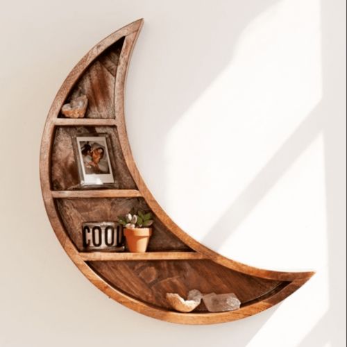 Carved Wood Vikinterio Moon Wall Shelf for Decorative Functional
