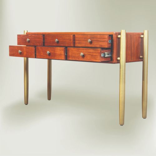 Wood Outer Legs Console Table With Drawers, Color : Brown