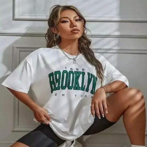 Ladies Cotton White Printed Oversized T Shirt