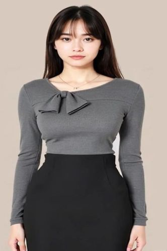 Ladies Plain Lycra Grey Bow Neck Top