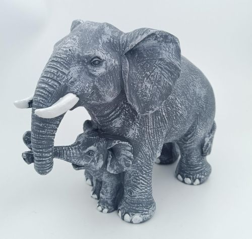 Color Coated Polyresin Mother and Baby Elephant Statue, Color : Grey