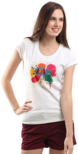 Printed Cotton Ladies Short Sleeve Round Neck T-Shirt, Color : White