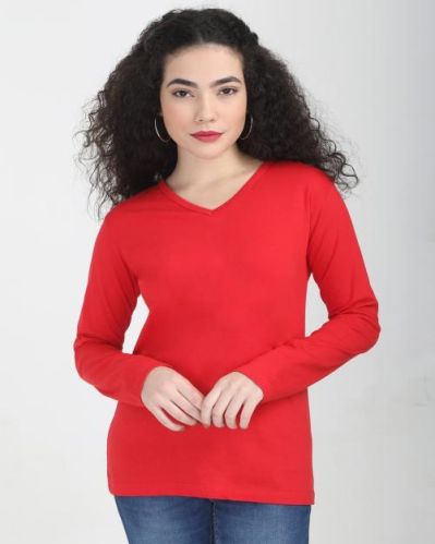 Plain Cotton Ladies V Neck Full Sleeve T-shirt, Color : Red