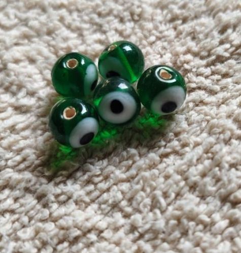 Polished Dark Green Evil Eye Glass Beads, Beads Shape : Round