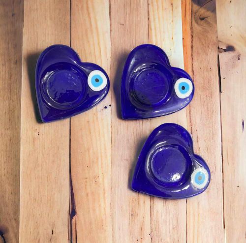 Polished Glass Heart Shape Evil Eye Candle Holders, Color : Blue