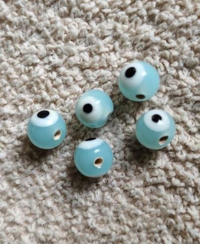 Polished Glass Sky Blue Evil Eye Beads, Beads Shape : Round