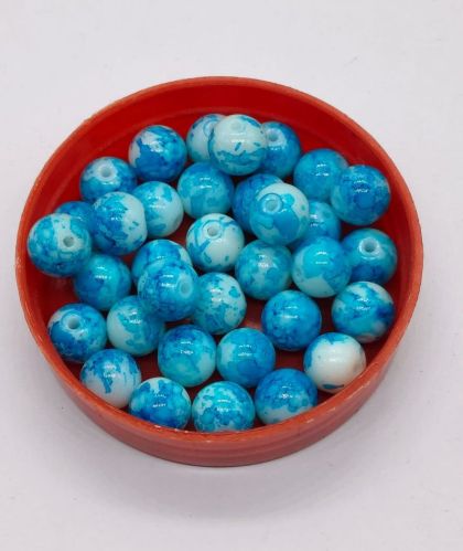 Glossy Skyblue Marble Print Glass Beads, Beads Shape : Round