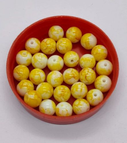Glossy Yellow Marble Print Glass Beads, Packaging Type : Plastic Box