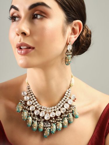925 Sterling Silver Turquoise Beads Kundan Necklace Set, Color : Gold